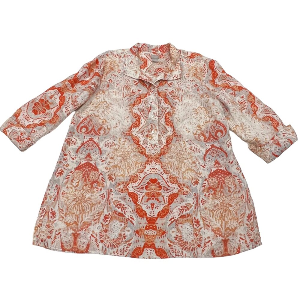 Chico's Linen Tunic Top, Relaxed Fit, Paisley, Orange Ivory, XL
